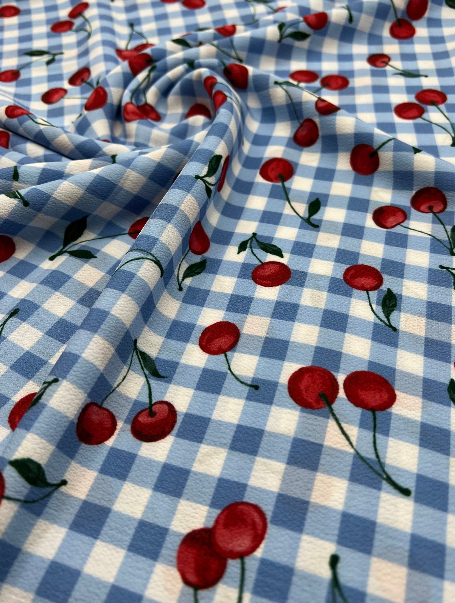 Blue Cherry Gingham Check Print Lightweight Bubble Crepe Fabric - T9 Fabrics